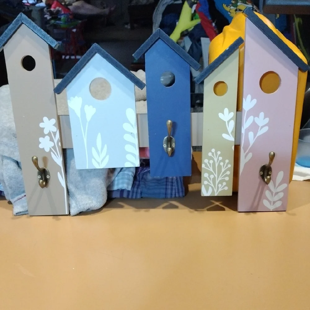 Country Chic Fun and Vibrant Multicolor Wooden Birdhouse Wall Decor with Hooks